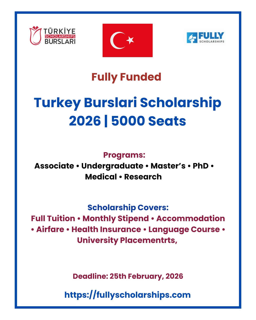 Turkiye Burslari Scholarship 2026 | Fully Funded 5000 Scholarships
