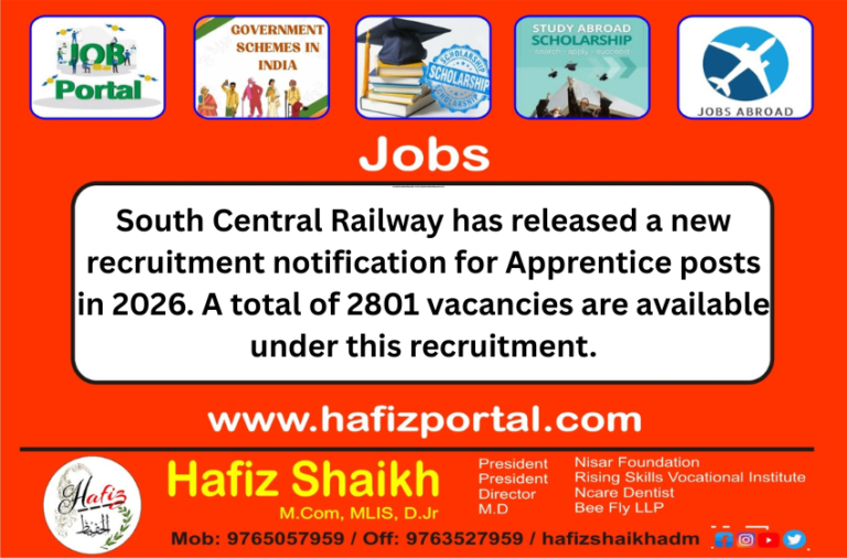South Central Railway has released a new recruitment notification for Apprentice posts in 2026. A total of 2801 vacancies are available under this recruitment.