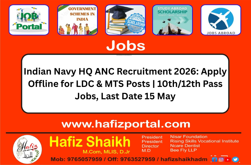 Indian Navy HQ ANC Recruitment 2026: Apply Offline for LDC & MTS Posts | 10th/12th Pass Jobs, Last Date 15 May