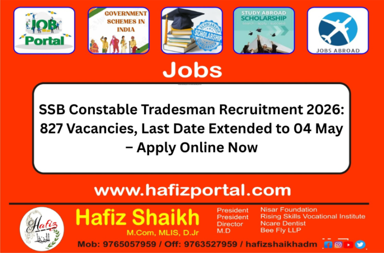 SSB Constable Tradesman Recruitment 2026: 827 Vacancies, Last Date Extended to 04 May – Apply Online Now