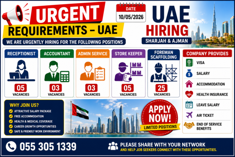 UAE Jobs 2026: Urgent Hiring for Receptionist, Accountant, Store Keeper & Foreman Posts in Sharjah and Ajman