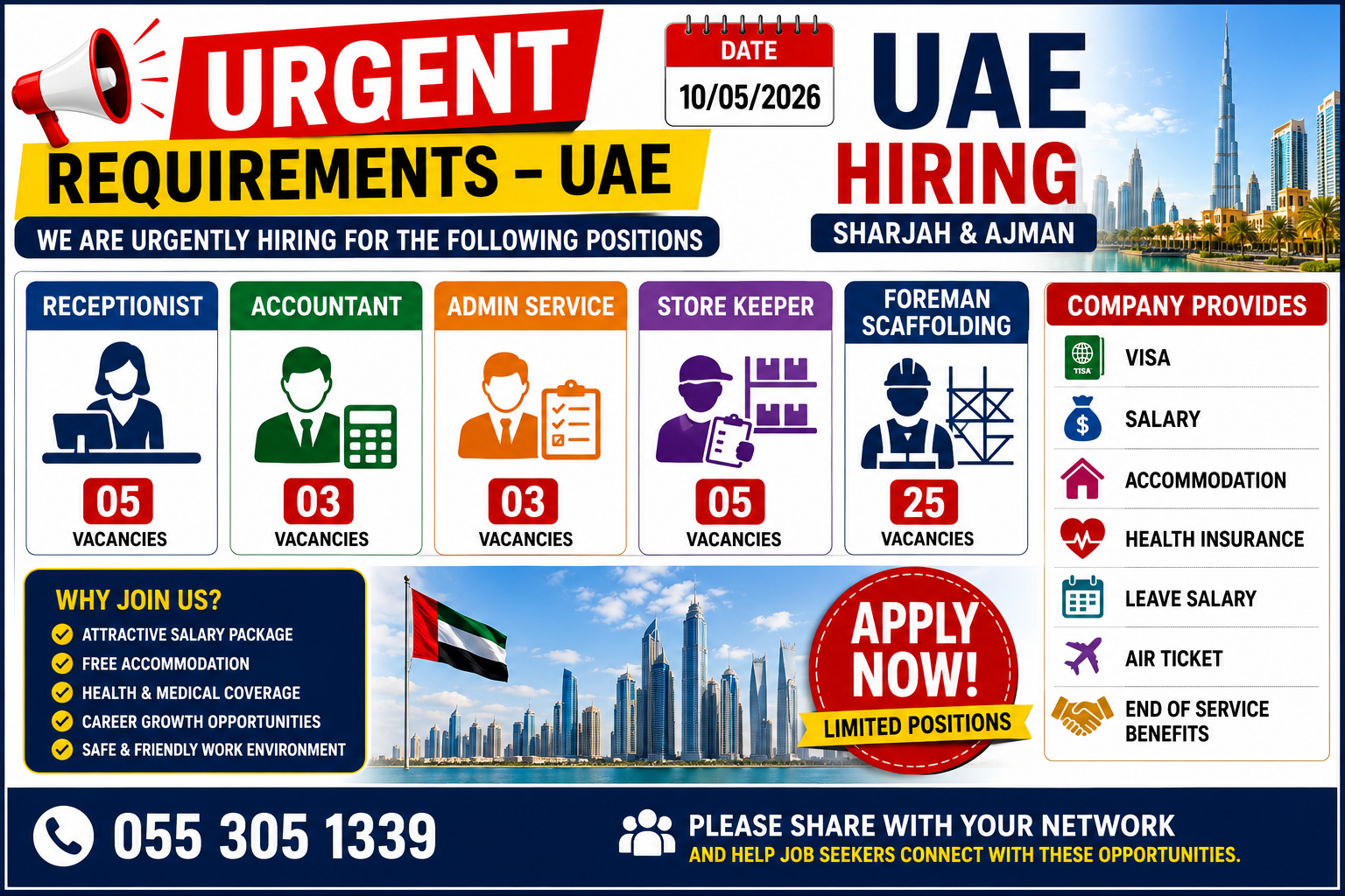 UAE Jobs 2026: Urgent Hiring for Receptionist, Accountant, Store Keeper & Foreman Posts in Sharjah and Ajman