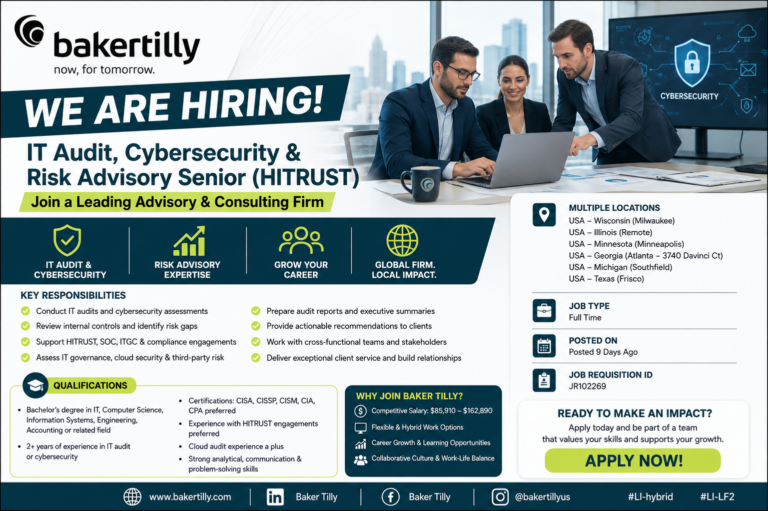 Baker Tilly IT Audit, Cybersecurity & Risk Advisory Senior Job 2026
