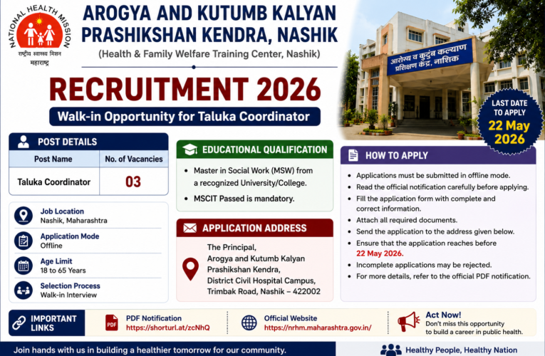 Health & Family Welfare Training Center Nashik Recruitment 2026: Apply Offline for Taluka Coordinator Posts