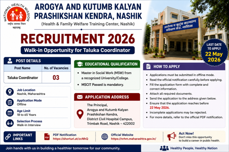 Health & Family Welfare Training Center Nashik Recruitment 2026: Apply Offline for Taluka Coordinator Posts