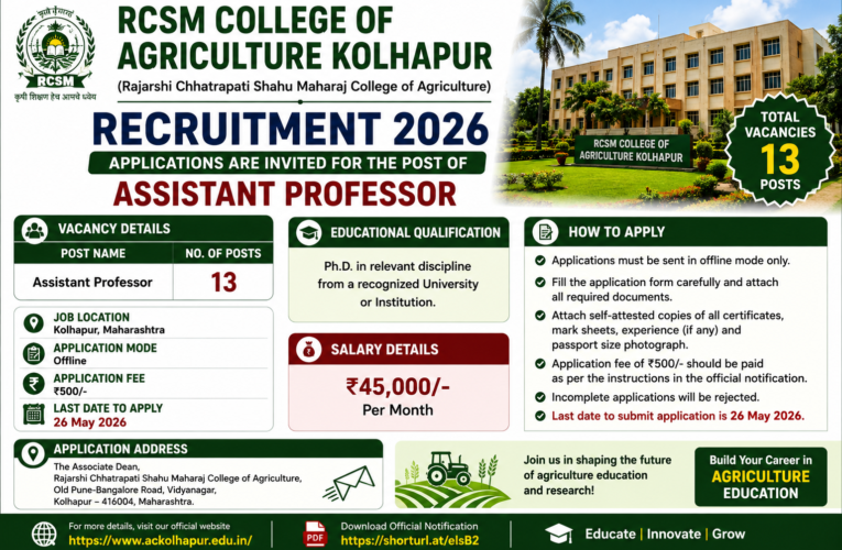 RCSM Agriculture College Kolhapur Recruitment 2026: Apply Offline for 13 Assistant Professor Posts