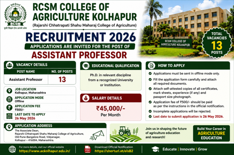 RCSM Agriculture College Kolhapur Recruitment 2026: Apply Offline for 13 Assistant Professor Posts