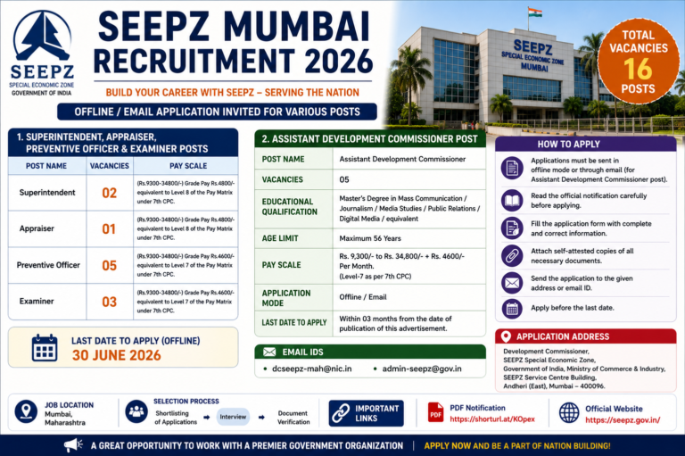 SEEPZ Mumbai Recruitment 2026: Apply Offline for 16 Government Vacancies | Superintendent, Preventive Officer & Assistant Development Commissioner Posts