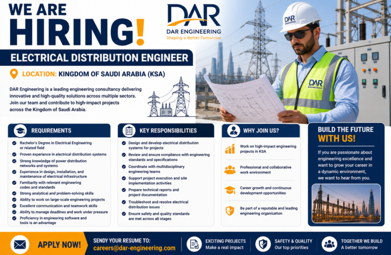 Electrical Distribution Engineer Jobs in Saudi Arabia 2026 | DAR Engineering Hiring Now in KSA