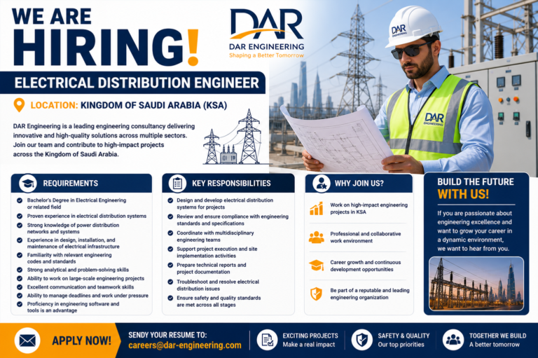 Electrical Distribution Engineer Jobs in Saudi Arabia 2026 | DAR Engineering Hiring Now in KSA