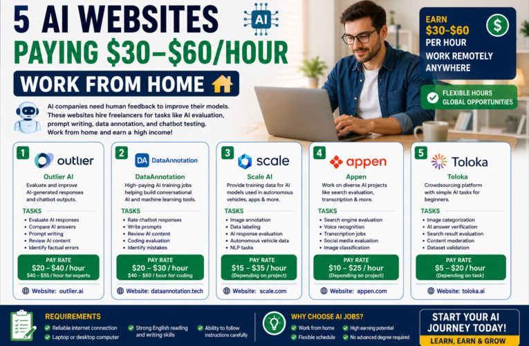 5 Best AI Websites Paying $30–$60/Hour in 2026 | Work From Home AI Jobs