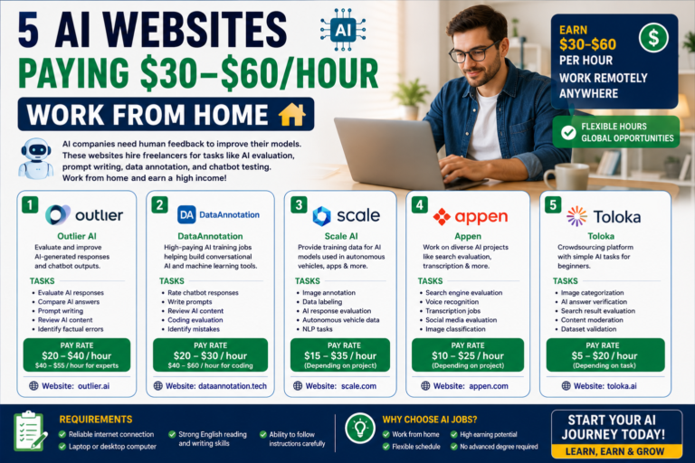 5 Best AI Websites Paying $30–$60/Hour in 2026 | Work From Home AI Jobs