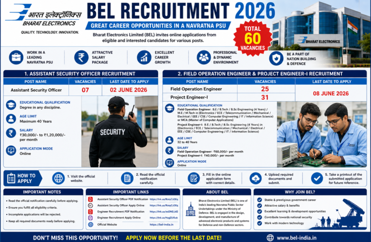 BEL Recruitment 2026: Apply Online for 60 Assistant Security Officer, Project Engineer & Field Operation Engineer Posts