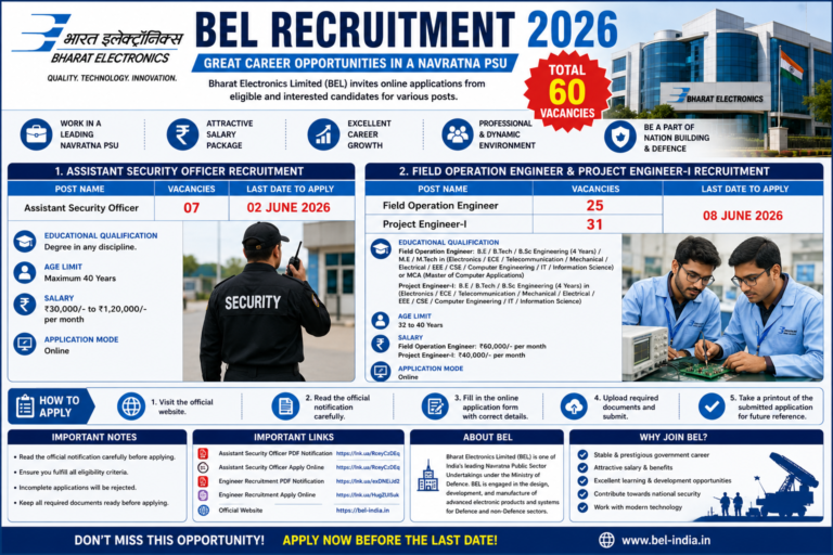 BEL Recruitment 2026: Apply Online for 60 Assistant Security Officer, Project Engineer & Field Operation Engineer Posts