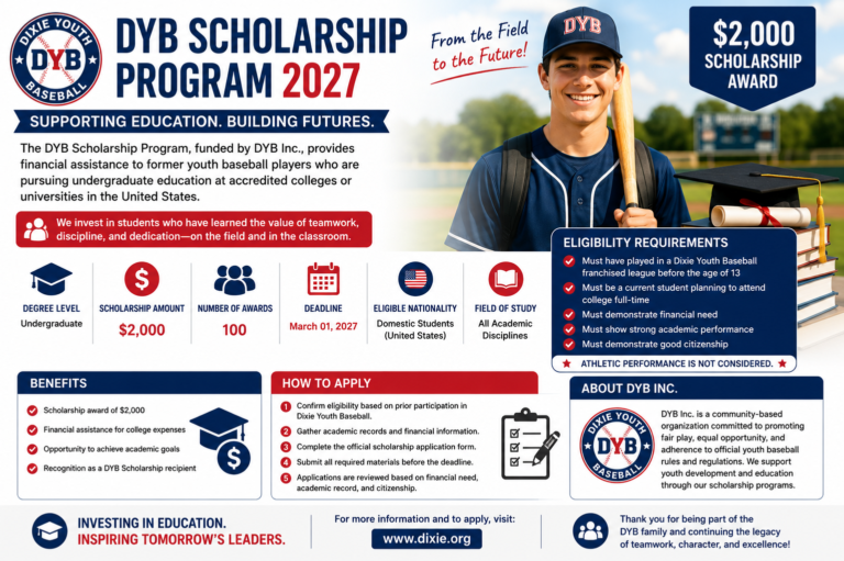 DYB Scholarship Program 2027 in USA | $2,000 Scholarship for Former Youth Baseball Players