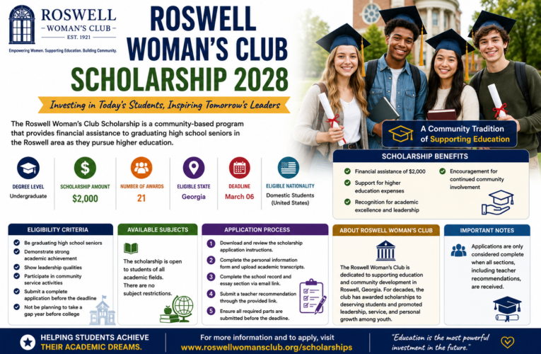 Roswell Woman’s Club Scholarship 2028 in USA | $2,000 Scholarship for Georgia High School Seniors