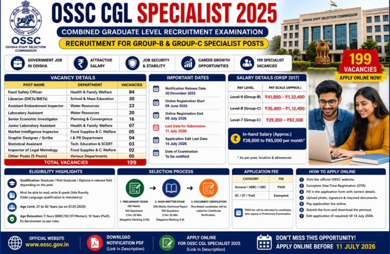 OSSC CGL Specialist 2025 Recruitment 2026: Apply Online for 199 Group-B & Group-C Specialist Posts