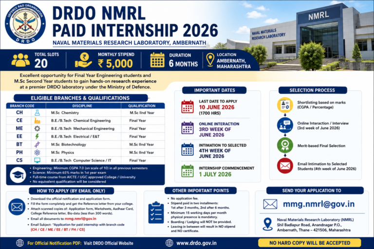 DRDO NMRL Paid Internship 2026 | ₹5,000 Monthly Stipend for Engineering & M.Sc Students