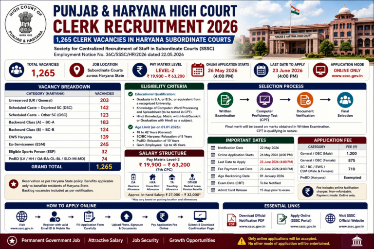 Punjab & Haryana High Court Clerk Recruitment 2026: Apply Online for 1,265 Clerk Vacancies in Haryana Courts