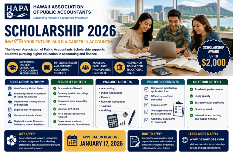 Hawaii Association of Public Accountants Scholarship 2026 in USA – Up to $2,000 for Accounting Students