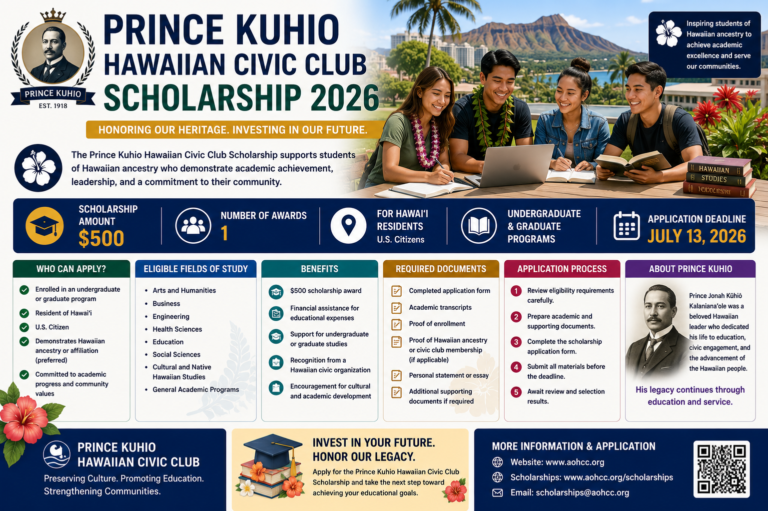 Prince Kuhio Hawaiian Civic Club Scholarship 2026 in USA | $500 Scholarship for Hawaii Students
