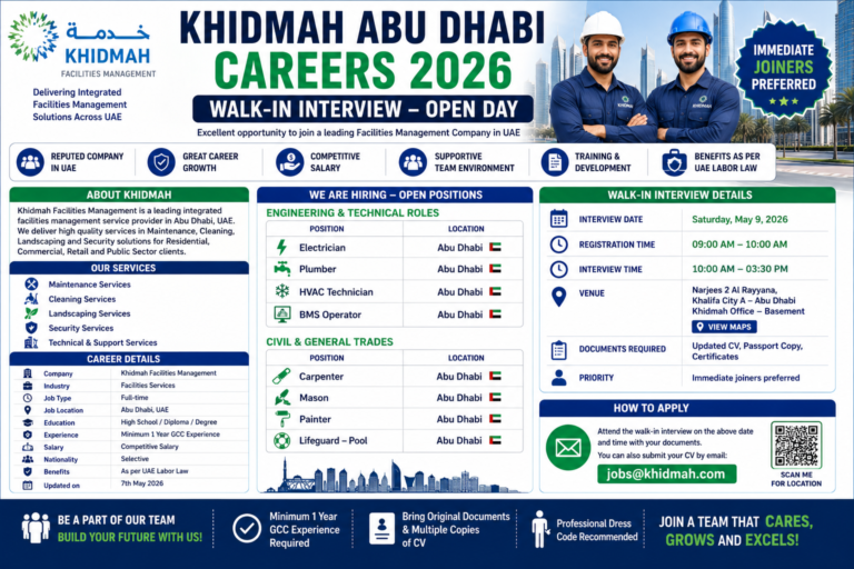 Khidmah Abu Dhabi Careers 2026 – Walk-In Interview for Technical & Facilities Management Jobs