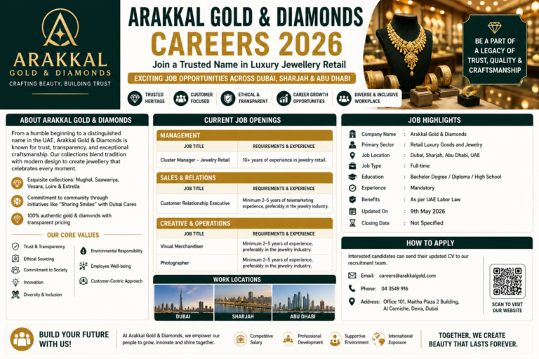 UAE Jewelry Retail Careers 2026: Apply for Latest Jobs at Arakkal Gold & Diamonds