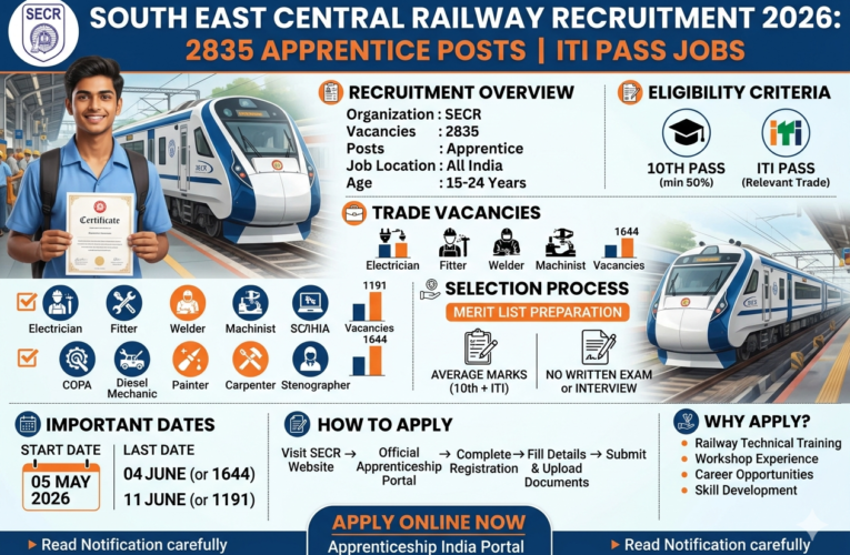 South East Central Railway Recruitment 2026: Apply Online for 2835 Apprentice Posts | ITI Pass Jobs