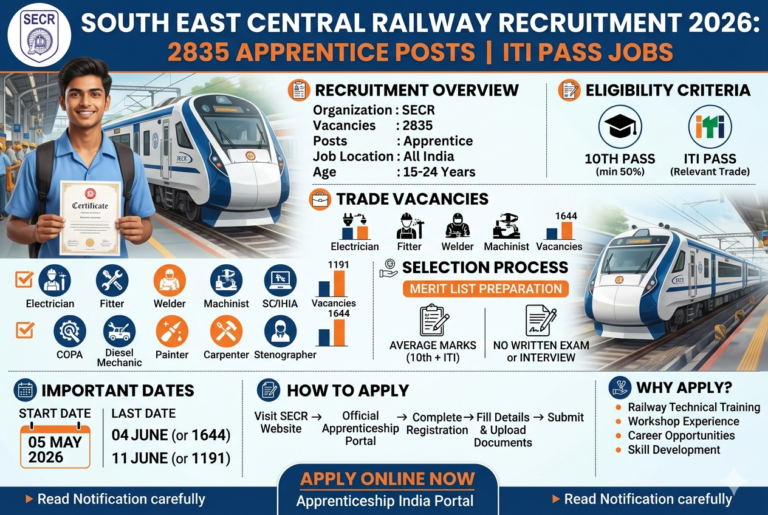 South East Central Railway Recruitment 2026: Apply Online for 2835 Apprentice Posts | ITI Pass Jobs