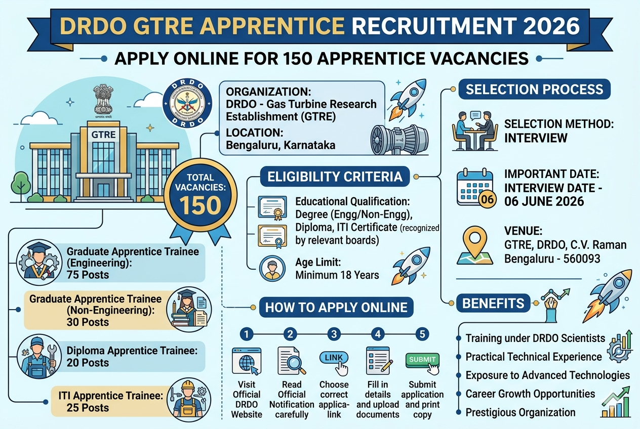 DRDO GTRE Apprentice Recruitment 2026 | Apply Online for 150 Apprentice Vacancies
