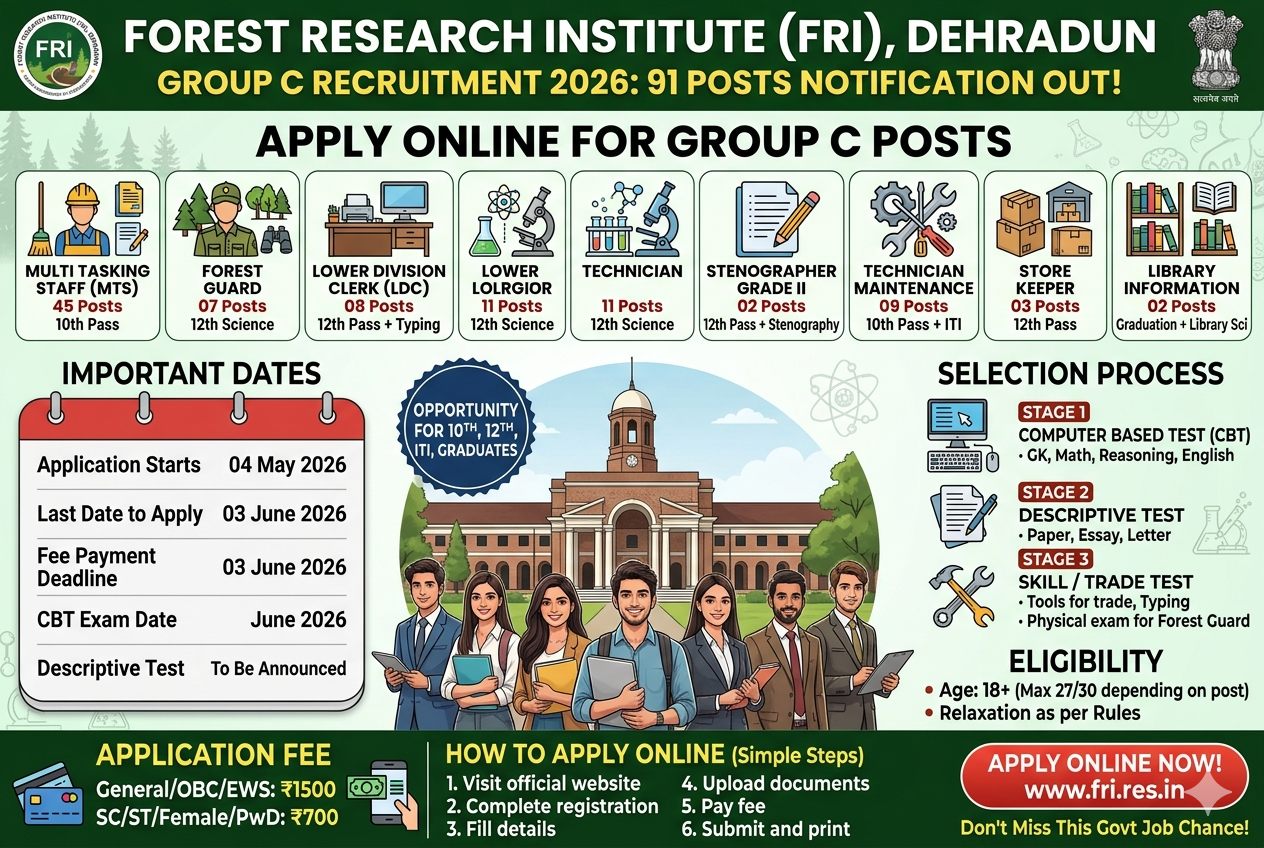 FRI Dehradun Recruitment 2026 Notification Out for 91 Group C Posts | Apply Online for MTS, Forest Guard, LDC, Technician & More