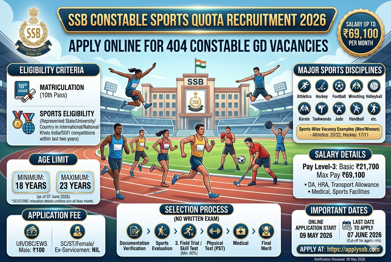 SSB Constable Sports Quota Recruitment 2026: Apply Online for 404 Constable GD Vacancies – Salary Up to ₹69,100