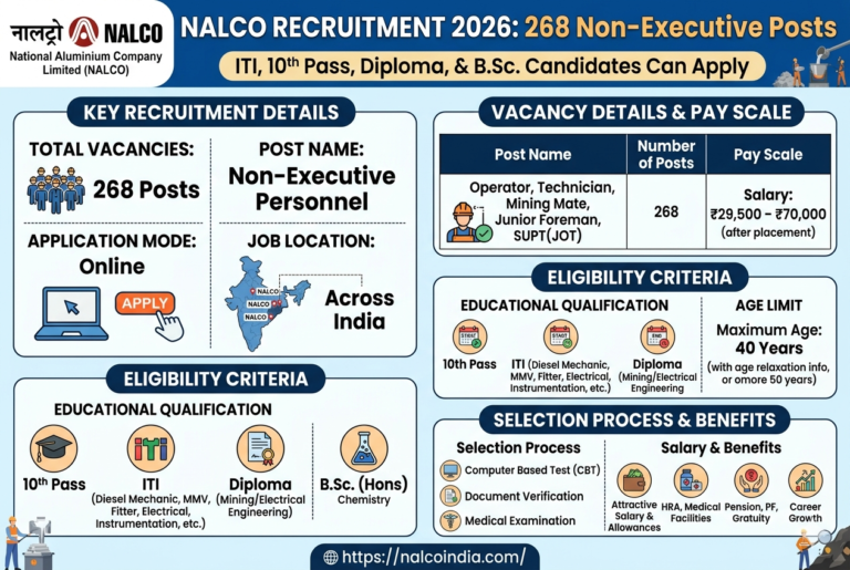 NALCO Recruitment 2026: Apply Online for 268 Non-Executive Posts | ITI Pass Candidates Can Apply