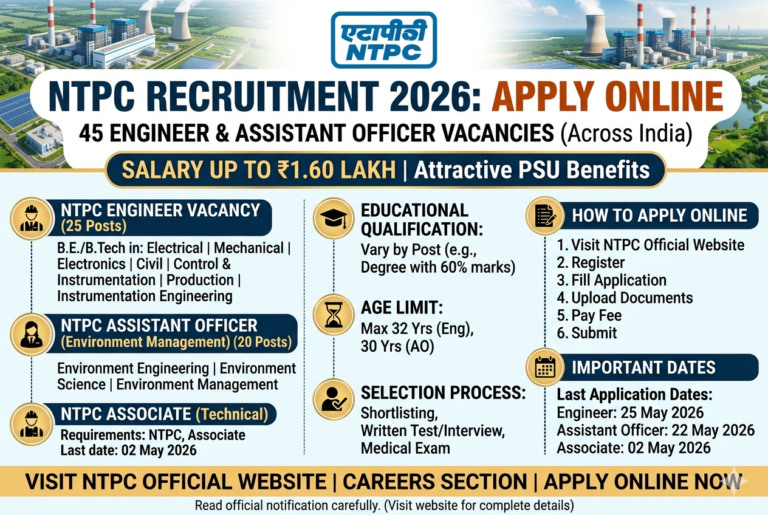 NTPC Recruitment 2026: Apply Online for 45 Engineer & Assistant Officer Vacancies | Salary Up to ₹1.60 Lakh