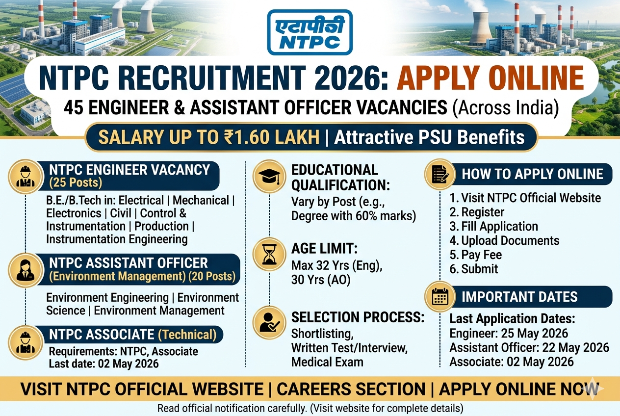 NTPC Recruitment 2026: Apply Online for 45 Engineer & Assistant Officer Vacancies | Salary Up to ₹1.60 Lakh