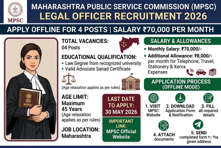 MPSC Legal Officer Recruitment 2026: Apply Offline for 4 Posts | Salary ₹70,000 Per Month