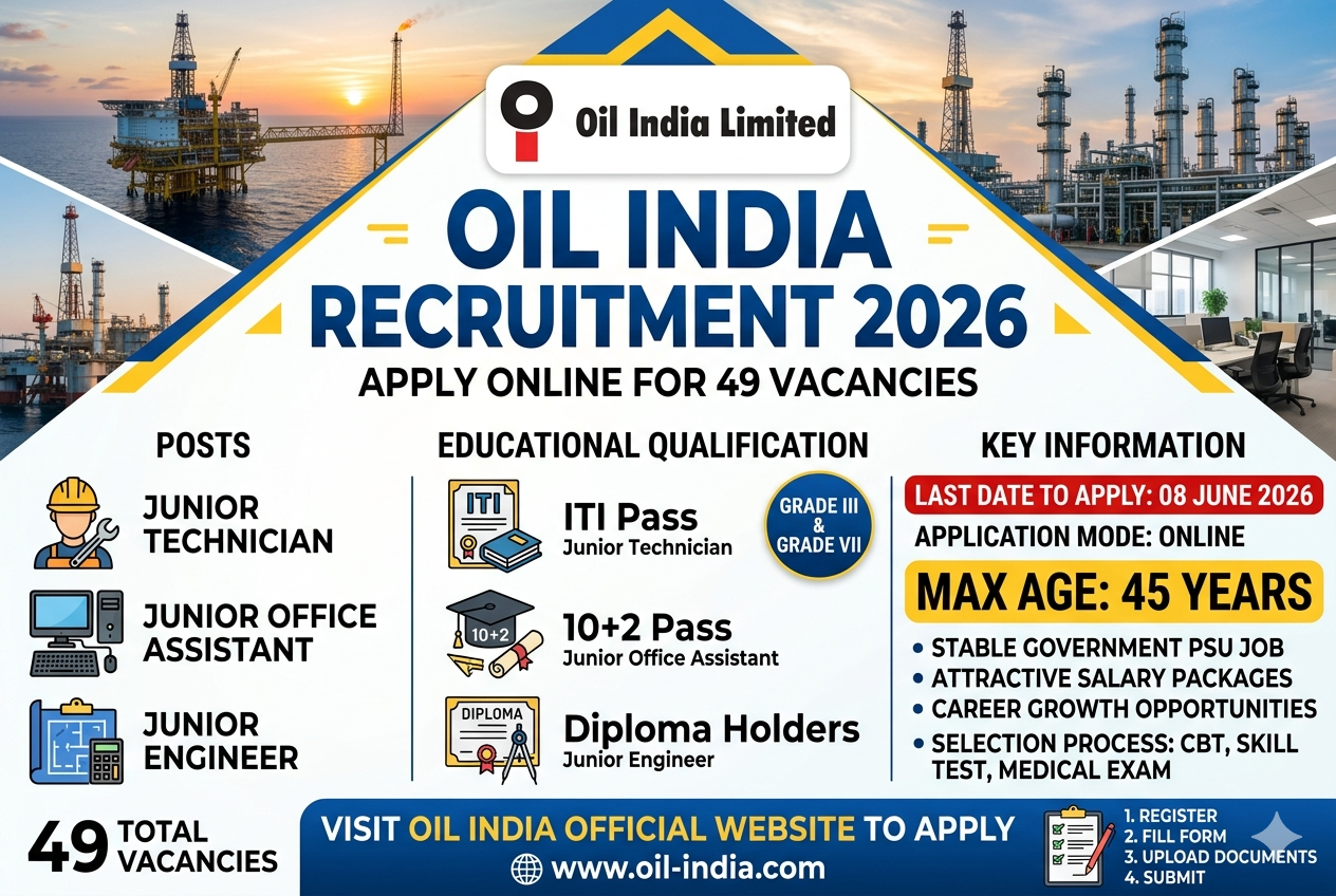 Oil India Recruitment 2026: Apply Online for 49 Junior Technician, Junior Office Assistant & Junior Engineer Posts