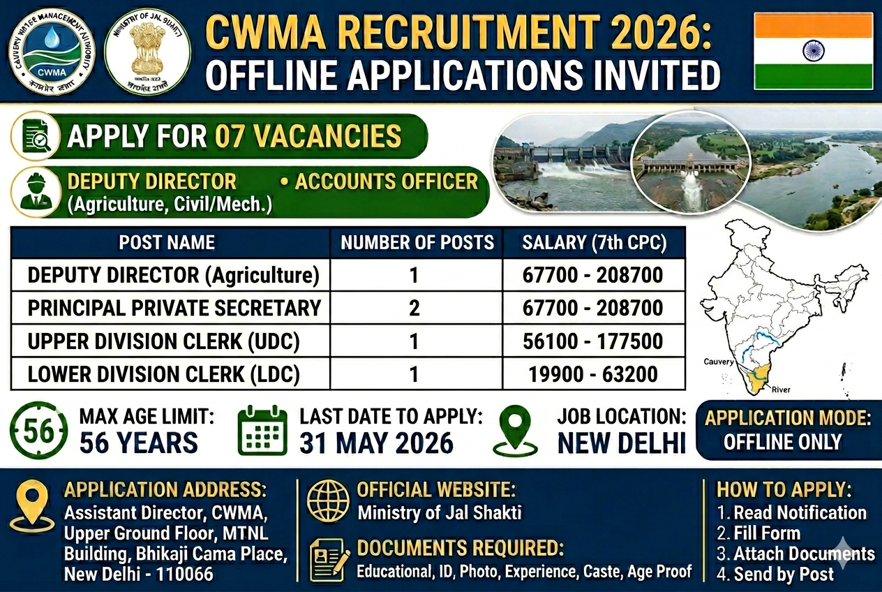 CWMA Recruitment 2026: Apply Offline for 07 Deputy Director, Clerk & Accounts Officer Posts
