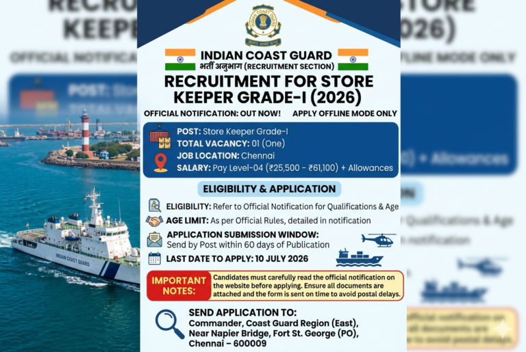 Indian Coast Guard Store Keeper Recruitment 2026: Apply Offline for Store Keeper Grade-I Post | Salary up to ₹61,100