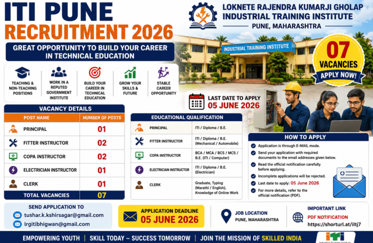 ITI Pune Recruitment 2026: Apply for 07 Principal, Fitter, COPA, Electrician & Clerk Posts Before 5 June