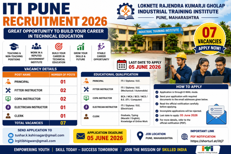 ITI Pune Recruitment 2026: Apply for 07 Principal, Fitter, COPA, Electrician & Clerk Posts Before 5 June