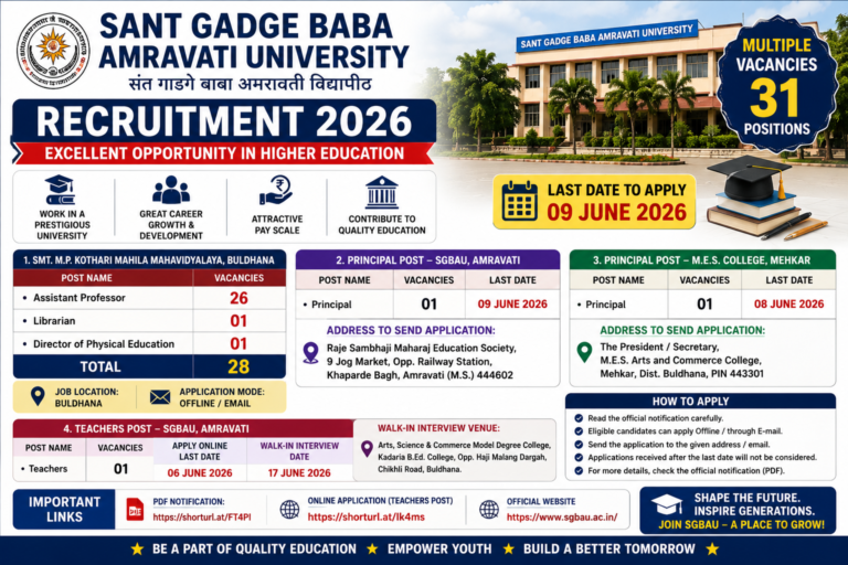SGBAU Amravati Recruitment 2026: Apply for 31 Assistant Professor, Librarian, Principal & Teacher Vacancies