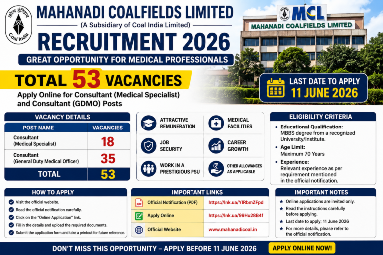 Mahanadi Coalfields Limited Recruitment 2026: Apply Online for 53 Consultant Posts | Salary, Eligibility & Last Date