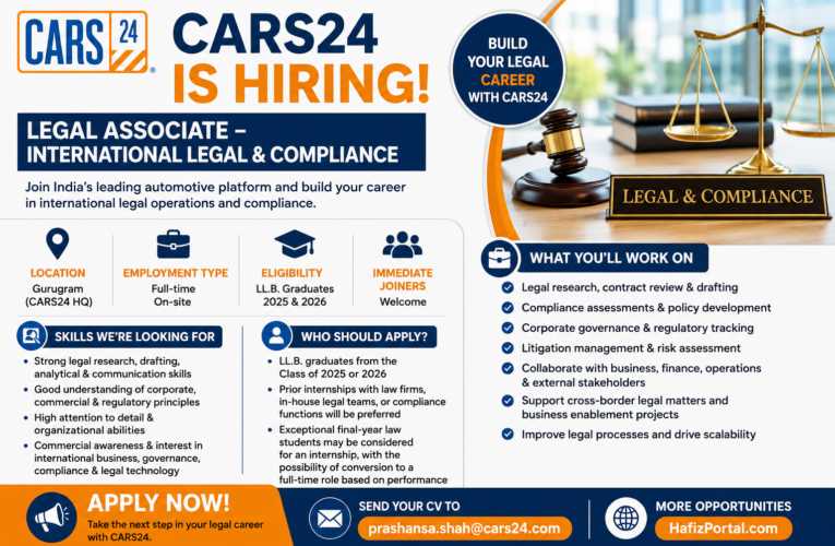 CARS24 Legal Associate Recruitment 2026 | International Legal & Compliance Job in Gurugram
