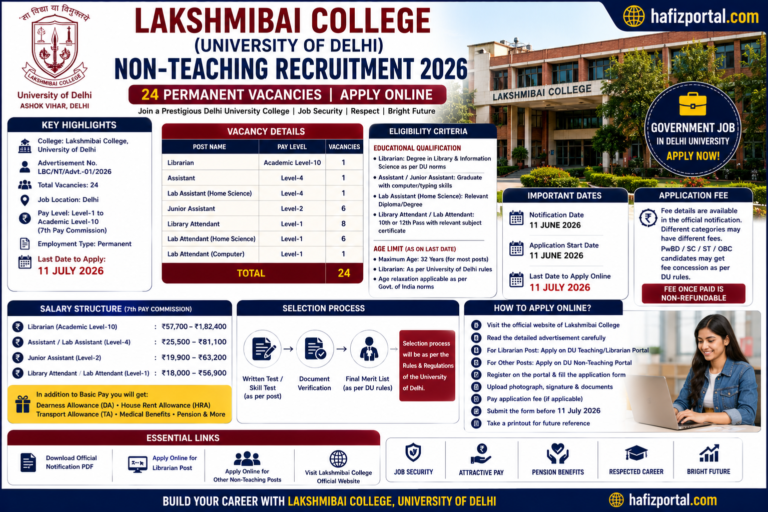 Lakshmibai College Delhi Non-Teaching Recruitment 2026: Apply Online for 24 Permanent Posts | Librarian, Assistant, Junior Assistant, Lab & Library Attendant Jobs