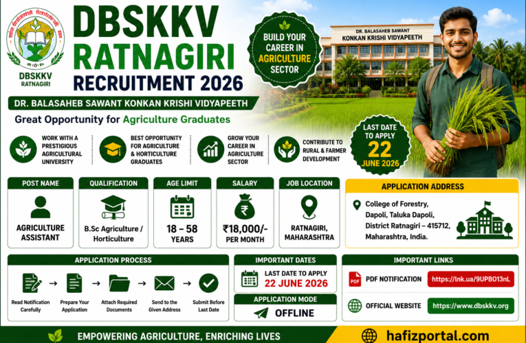 DBSKKV Ratnagiri Recruitment 2026: Apply Offline for Agriculture Assistant Posts | B.Sc Agriculture Graduates Opportunity
