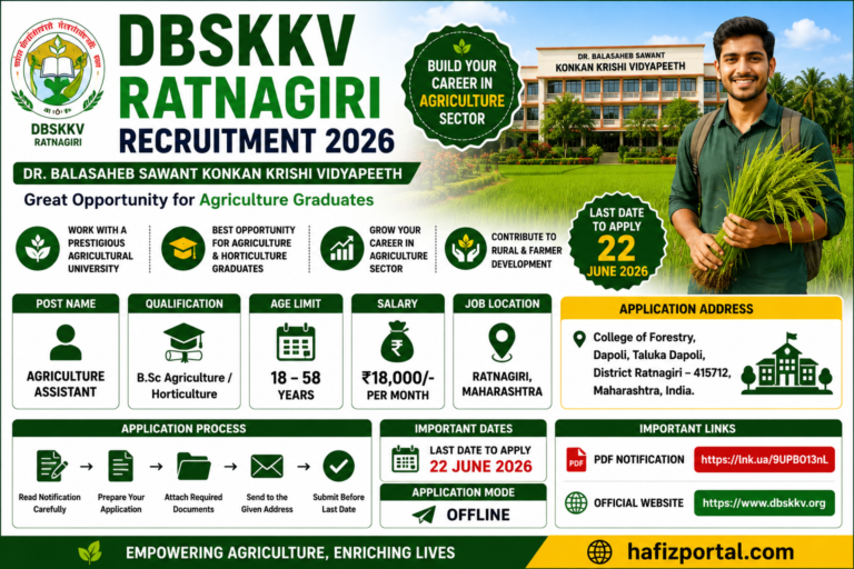 DBSKKV Ratnagiri Recruitment 2026: Apply Offline for Agriculture Assistant Posts | B.Sc Agriculture Graduates Opportunity