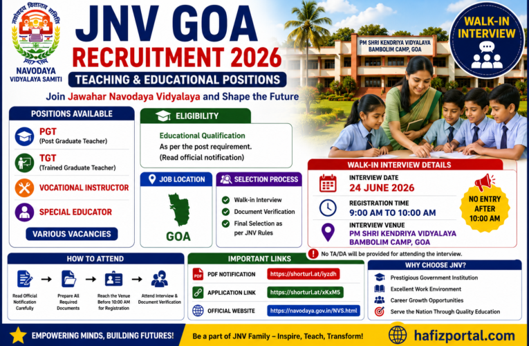 JNV Goa Recruitment 2026: Walk-in Interview for PGT, TGT, Vocational Instructor & Special Educator Posts