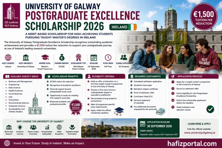 University of Galway Postgraduate Excellence Scholarship 2026 Ireland: €1,500 Scholarship for Master’s Students