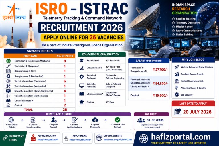 ISRO ISTRAC Recruitment 2026: Apply Online for 26 Technician, Technical Assistant, Scientific Assistant, Library Assistant & Cook Posts